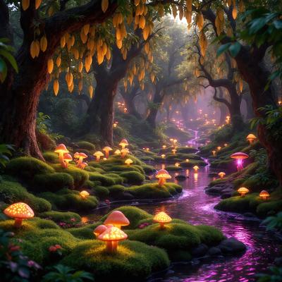 The primary subject of the image is a forest filled with mushrooms and trees. The setting is a lush green forest with a river flowing through it. The visual style is a combination of photo and digital art, creating a surreal and magical atmosphere. The dominant colors are green, purple, and yellow, which contribute to the overall mood of the scene.